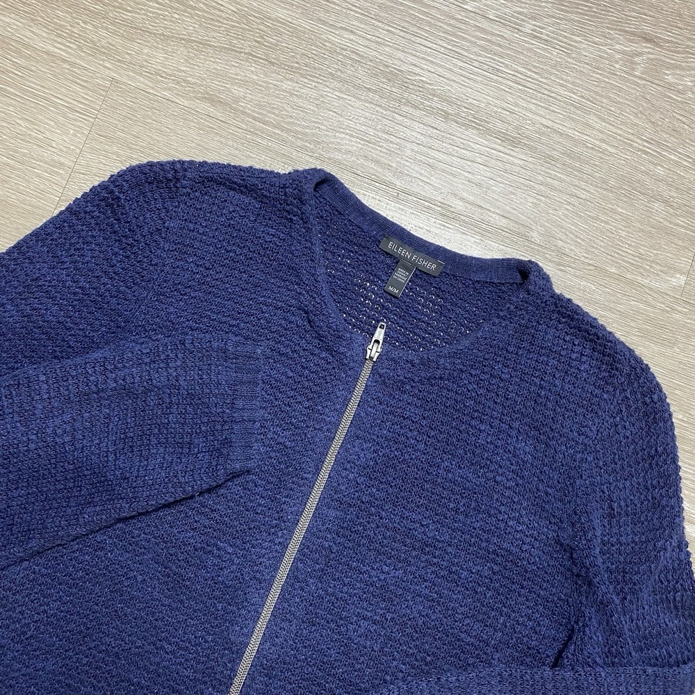Eileen Fisher Linen Blend Knit Sweater Women's M Blue Open Knit Coastal Preppy